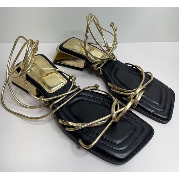 Top Shop Ankle Wrap Sandals Size 6US Gold Black Square Toe Block Heel - Picture 2 of 8